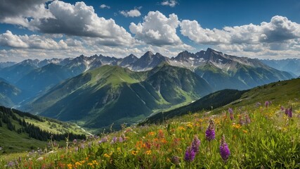 Fototapeta premium Majestic Mountain Landscape With Vibrant Wildflowers in a Serene Valley Under a Bright Blue Sky Near a Tranquil Alpine Setting