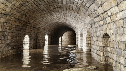 Obraz premium Ancient stone tunnel submerged in reflective water.