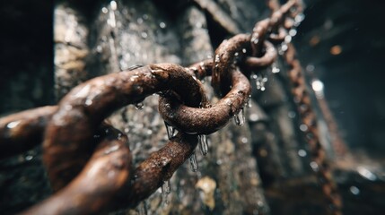 Rusted metal chain dripping with water droplets.