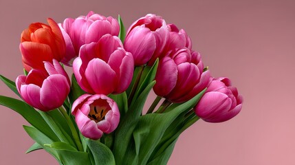 Obraz premium Bouquet of pink and red tulips with a pink background. The flowers are arranged in a way that they are all facing the same direction