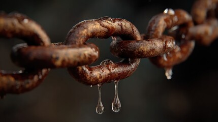 Rusted metal chain links dripping with water droplets.