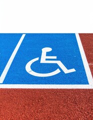 Close-up shot of a wheelchair accessibility symbol painted on a vibrant blue surface within a red track field with white lines.