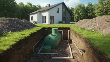 Underground septic tank system installation near a modern house, showcasing wastewater treatment and environmental engineering principles.