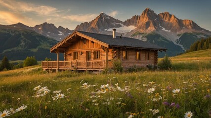 Fototapeta premium Mountain Retreat in a Serene Landscape Showcases a Wooden Cabin Surrounded by Wildflowers at Sunset, With Majestic Peaks in the Background