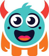 Cute Cartoon Monster with Horns and Big Eyes