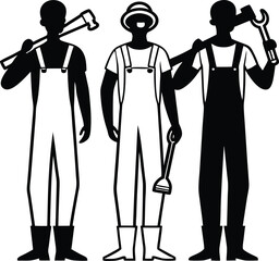 Labor Day Workers Standing Silhouette Vector , man with crutches, builder, industrial, hammer, mechanic