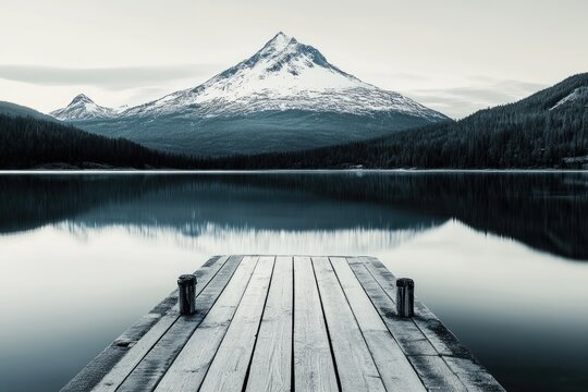 A serene, monochromatic landscape featuring a tranquil lake, snowy mountains, a wooden pier and reflection of a forest.