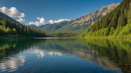 Serene Mountain Lake Reflecting Lush Greenery and Sky in a Tranquil Setting During a Sunny Day
