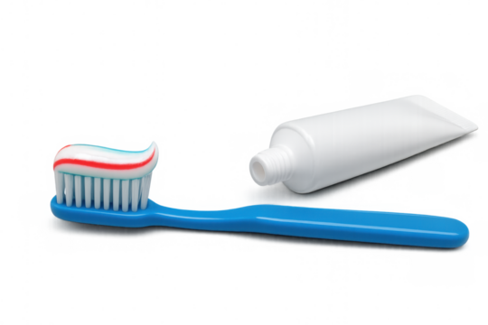 Toothbrush with toothpaste on it lying near a tube on a transparent background, ready for dental hygiene