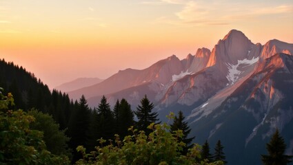 Obraz premium Majestic Mountain Range Bathed in Golden Light During Sunset With Lush Green Trees in the Foreground and a Serene Atmosphere