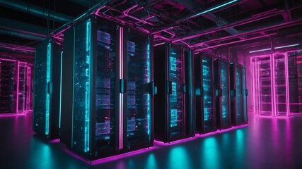 Illuminated Server Room With High-Tech Equipment and Vibrant Lighting Showcasing Modern Technology and Data Processing Capabilities