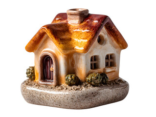 Handcrafted clay house model for table d?cor isolated on transparent background