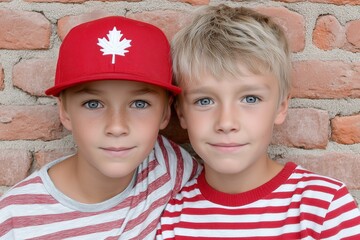 Two young brothers posing against a brick wall in matching red and white striped shirts, one wearing a red baseball cap with a white maple leaf, celebrating canadian day