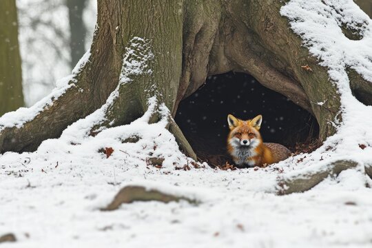 A red fox peeks out from its den within a snowy tree trunk during a winter day.
