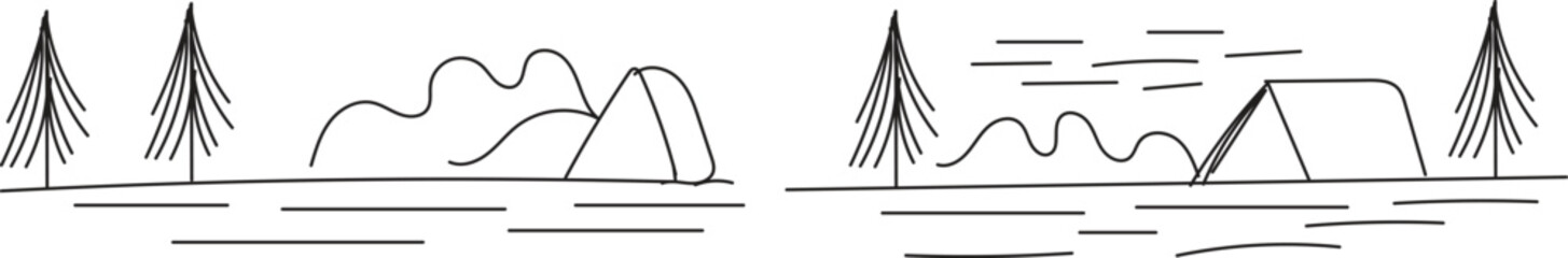 Simple Line Art Illustrations of Nature Scenes with Trees and Tent