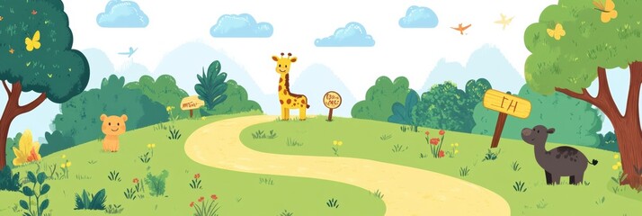 Colorful preschool nature path winding through greenery with cute animals and signs promoting fun exploration and learning opportunities