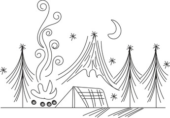 Simple Line Drawing of Night Camping Scene with Mountains
