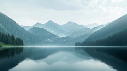 Serene mountain lake reflecting tranquil landscape with subtle network connections.