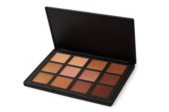 Vibrant eyeshadow palette featuring rich brown tones, showcasing professional-grade makeup color range for beauty experts