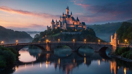 Majestic Castle Illuminated at Twilight Over Tranquil Waters With a Stone Bridge Enhancing the Enchanting Landscape