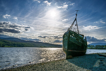 Corpach Wreck or Old Boat of Caol and Nevis Range Mountains, Caol Beach, Corpach, Fort William,...
