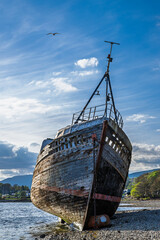 Corpach Wreck or Old Boat of Caol and Nevis Range Mountains, Caol Beach, Corpach, Fort William,...