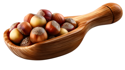 Hazelnuts in wooden scoop isolated on transparent background