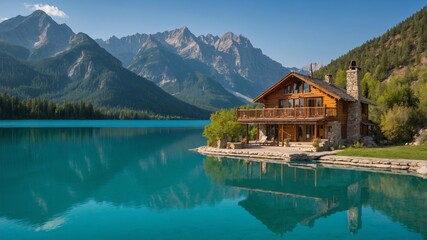Naklejka premium Scenic Lakeside Cabin Surrounded by Mountains and Clear Blue Water in a Peaceful Natural Setting During Bright Daylight Hours