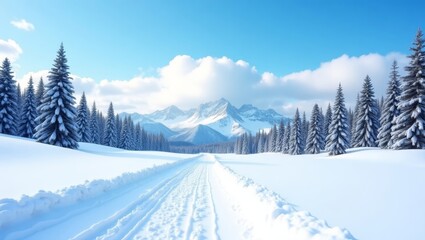 Fototapeta premium Snow-covered Landscape With Towering Mountains and Evergreen Trees Under a Bright Blue Sky in Winter