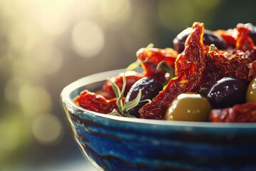 Close-up of a blue bowl filled with sun-dried tomatoes, olives, and herbs, bathed in soft, natural light.