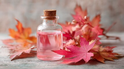 Pink Essential Oil in Glass Bottle with Autumn Leaves
