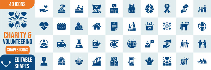 Clean, modern icons depicting hands, hearts, donations, and teamwork—ideal for nonprofit or community service use.