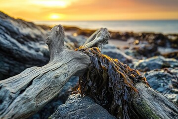Fototapeta premium Driftwood covered in seaweed rests on rocks, bathed in the warm glow of a coastal sunset, creating a serene scene.