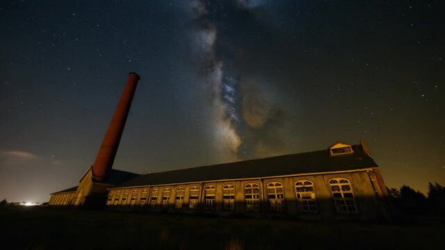 Milky Way stars above abandoned old fatory