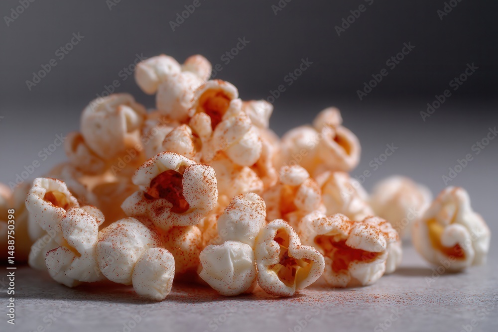 Poster Close-up of a pile of popcorn kernels dusted with a red, spicy seasoning on a solid grey background with shallow depth of field.