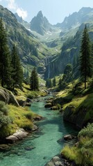Scenic mountain landscape featuring a tranquil river winding through lush greenery and rocky formations