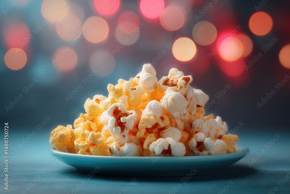 Poster a pile of popcorn sits atop a blue plate, ready to be devoured. the blurred lights in the background