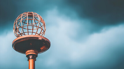 Copper sphere artwork stands against dramatic cloudy sky.