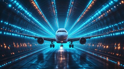 Airplane speeding through a futuristic neon-lit tunnel.