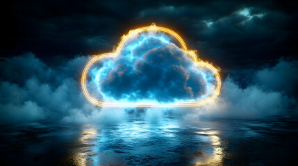 A dark, stormy nightscape features a realistic cloud enveloped by a glowing, neon-orange cloud-shaped ring. The scene is reflected on a wet, dark ground, adding to the ethereal, moody atmosphere
