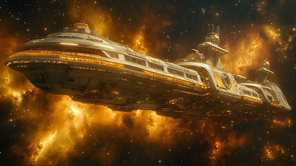 A futuristic spacecraft glides in space with vibrant orange nebula clouds surrounding its metallic body