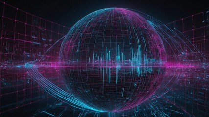 Obraz premium Abstract Representation of a Digital Globe Surrounded by Vibrant Data Streams in a Dark Space, Illustrating Technology and Connectivity Concepts