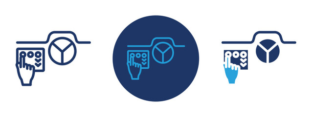 Set of 5 pixel perfect colored Car with touchscreen display icon with 1 unexpanded, 1 silhouette,  Vehicle dashboard featuring a digital touchscreen interface.