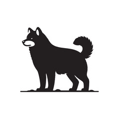 
Karelian Bear Dog silhouette, fierce hunting dog outline, Finnish breed vector, strong canine profile, wild nature companion, bold black shape, outdoor dog design, wildlife protector illustration.
