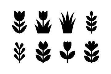 Set of Black Silhouette Plant and Flower Icons in Minimal Vector Style