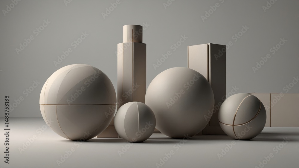 Poster 3d geometric shapes in a minimalist setting showcasing spheres and rectangular forms with soft light