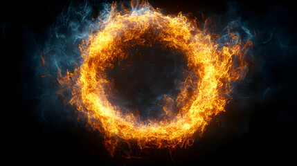 Fototapeta premium A fiery ring of orange and yellow flames, surrounded by swirling blue-grey smoke, set against a stark black background.