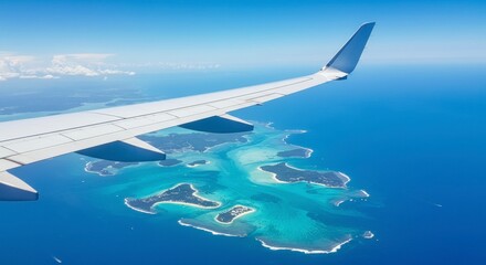 Obraz premium Flying Over Tropical Islands with Airplane Wing in View