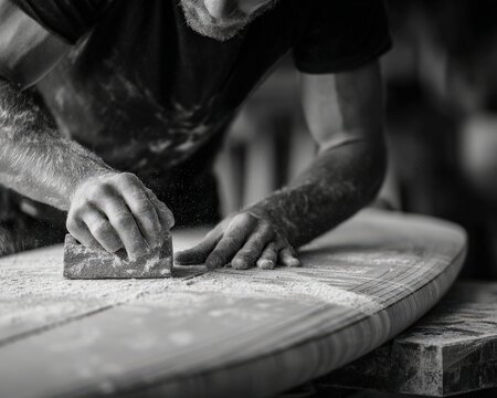 A craftsman's hands meticulously sand a wooden board, dust swirling around his focused efforts.  Black and white photography highlights the detail.