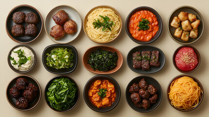 A flatlay showcasing fifteen small bowls of diverse, prepared meals; including meatballs, pasta, vegetables, and sauces, arranged in a grid pattern on a neutral background